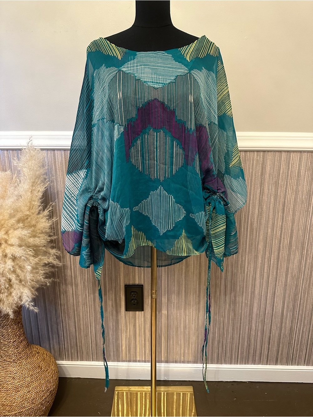 Erica Brooke Plus Size 24 Teal Geometric Tunic Top Batwing Dolman side tie Boho